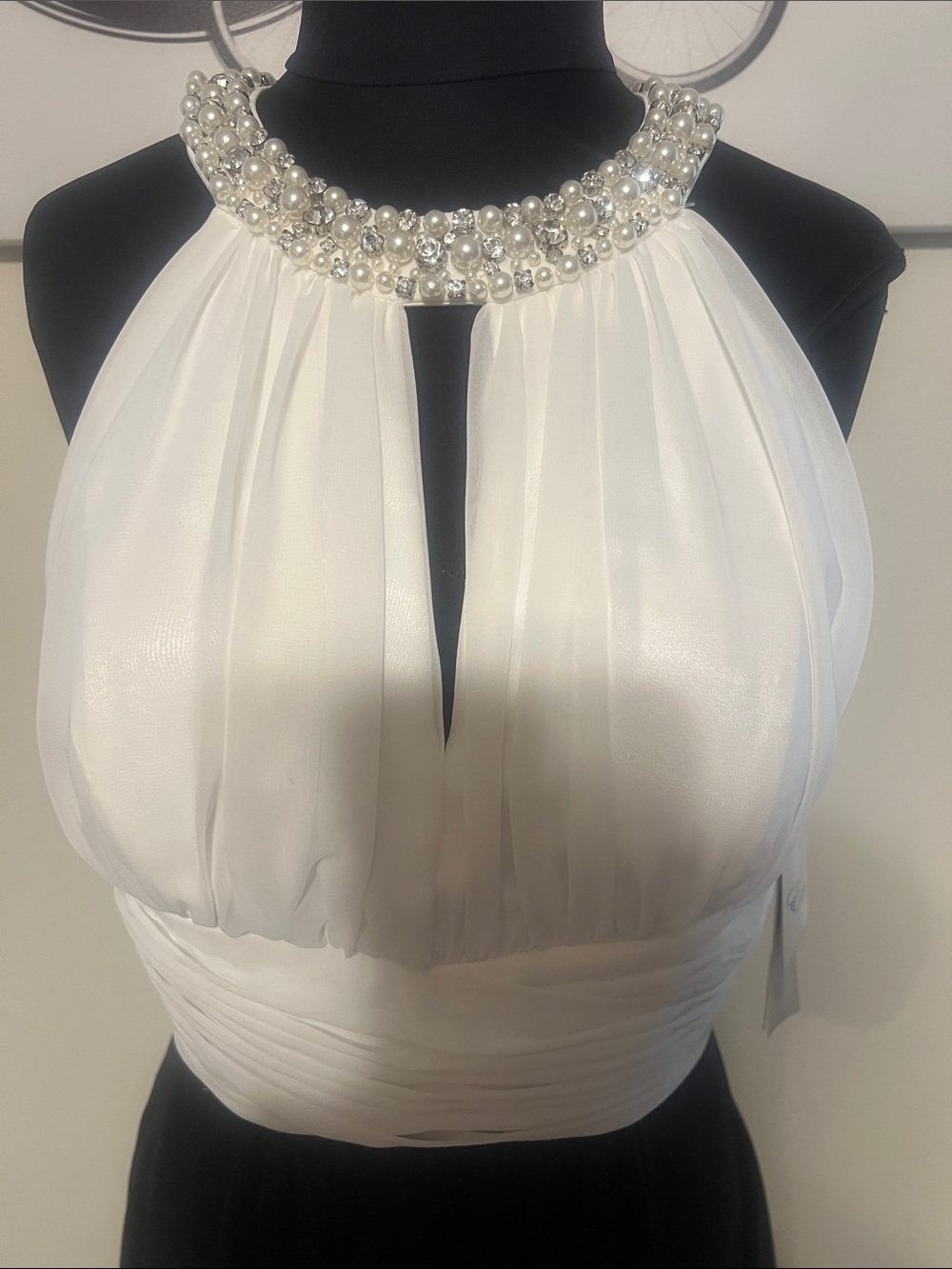 Eliza J Black and White High-Low Evening Dress with Beaded Halter - Picture 2 of 5